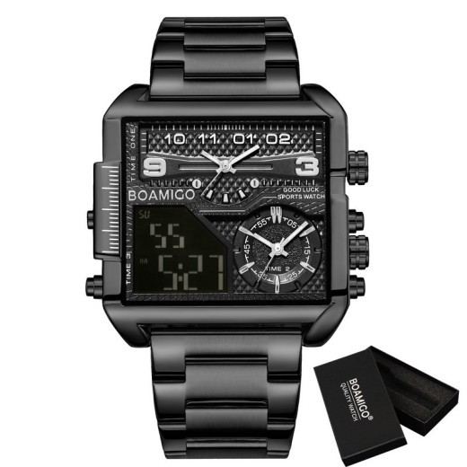 BOAMIGO - Nuevo reloj de lujo de marca superior para hombre, de acero inoxidable dorado, deportivo, cuadrado, digital, analógico, de cuarzo, grande