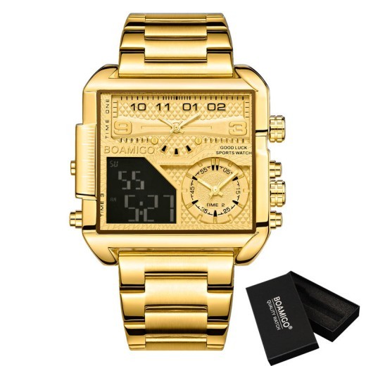 BOAMIGO - Nuevo reloj de lujo de marca superior para hombre, de acero inoxidable dorado, deportivo, cuadrado, digital, analógico, de cuarzo, grande