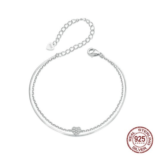Pulsera de plata de ley con corazón brillante de doble capa