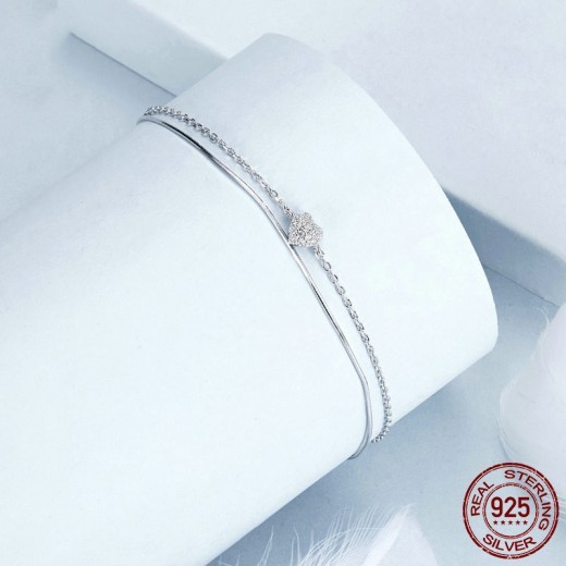 Pulsera de plata de ley con corazón brillante de doble capa