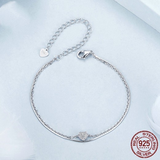 Pulsera de plata de ley con corazón brillante de doble capa