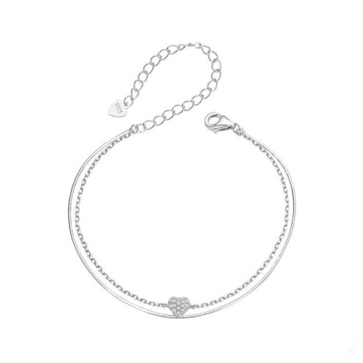 Pulsera de plata de ley con corazón brillante de doble capa