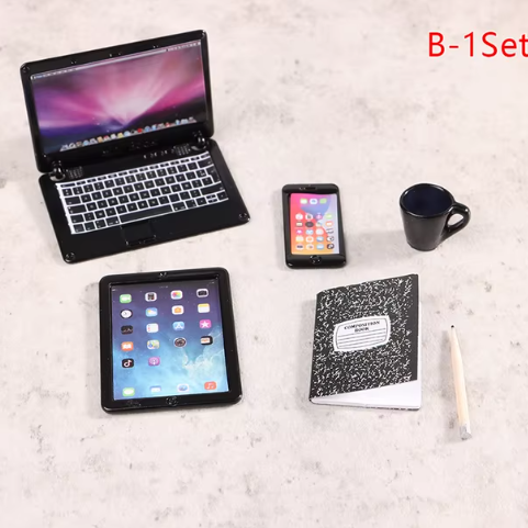 1:12 Casa de muñecas miniatura portátil teléfono tableta lámpara de escritorio lápiz libro taza escritorio conjunto modelo decoración del hogar juguete casa de muñecas accesorios