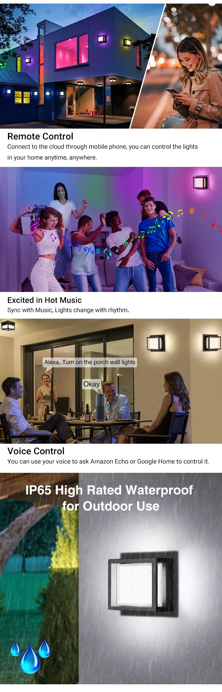 Lámpara de pared impermeable para exteriores con grafiti, WiFi, color mágico, control remoto