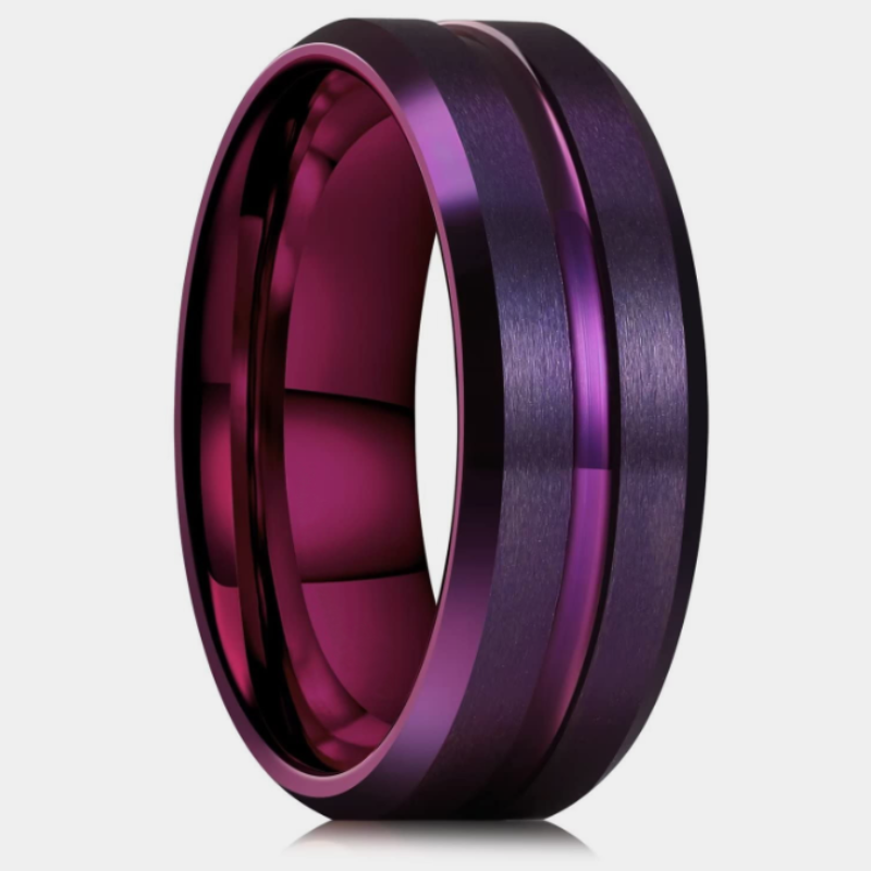 Anillo de acero inoxidable con borde biselado, nuevo, clásico y moderno, color morado.