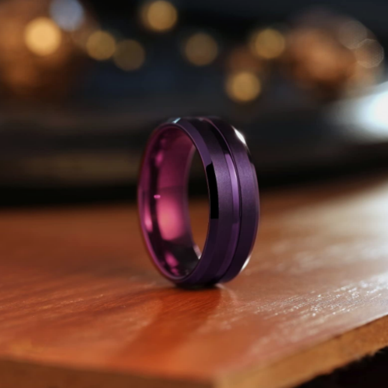 Anillo de acero inoxidable con borde biselado, nuevo, clásico y moderno, color morado.