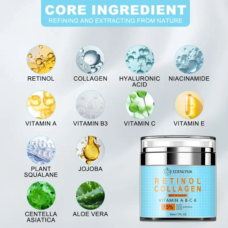 Crema facial con colágeno y retinol EDENLYSIA de 50 ml, hidratante con ácido hialurónico, vitaminas C y E, y escualano vegetal. Crema hipoalergénica para todo tipo de piel. Cuidado de día y noche unisex para adultos.