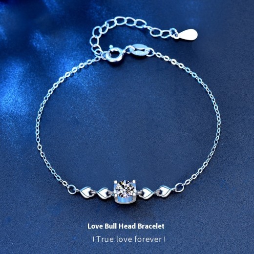 Pulsera de plata de ley 925 para mujer con incrustaciones de cabeza de vaca y corazones