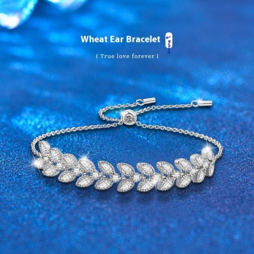 Pulsera ajustable de espigas de trigo y moissanita en plata de ley 925