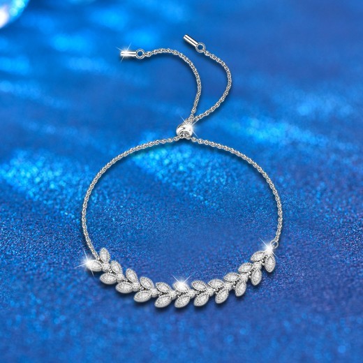 Pulsera ajustable de espigas de trigo y moissanita en plata de ley 925