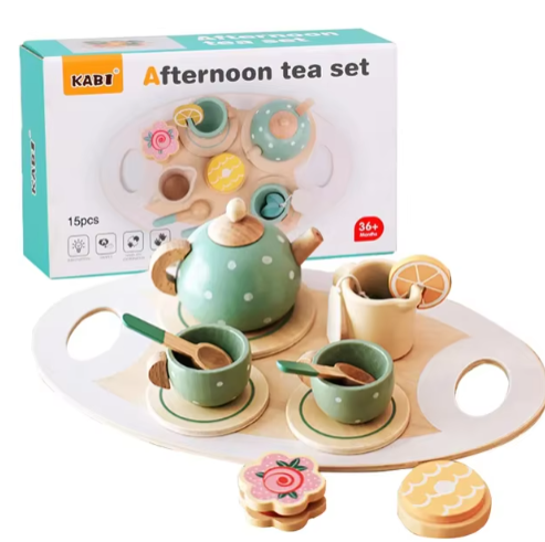 Juego de té de la tarde de madera de juguete de simulación