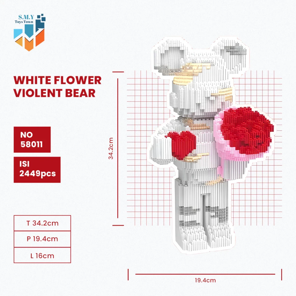SMY Toystown Nano Blocks - Oso Violento con Flor Blanca, Modelo 3D, Bloques de Juguete Apilables, Bloques de Construcción DIY, Personaje de Animación