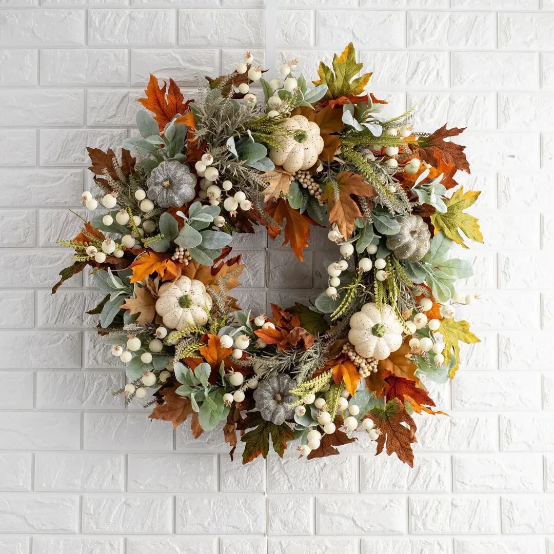 Guirnalda de simulación de calabaza con hojas de otoño, escarcha y acción de gracias para Halloween, decoración del hogar