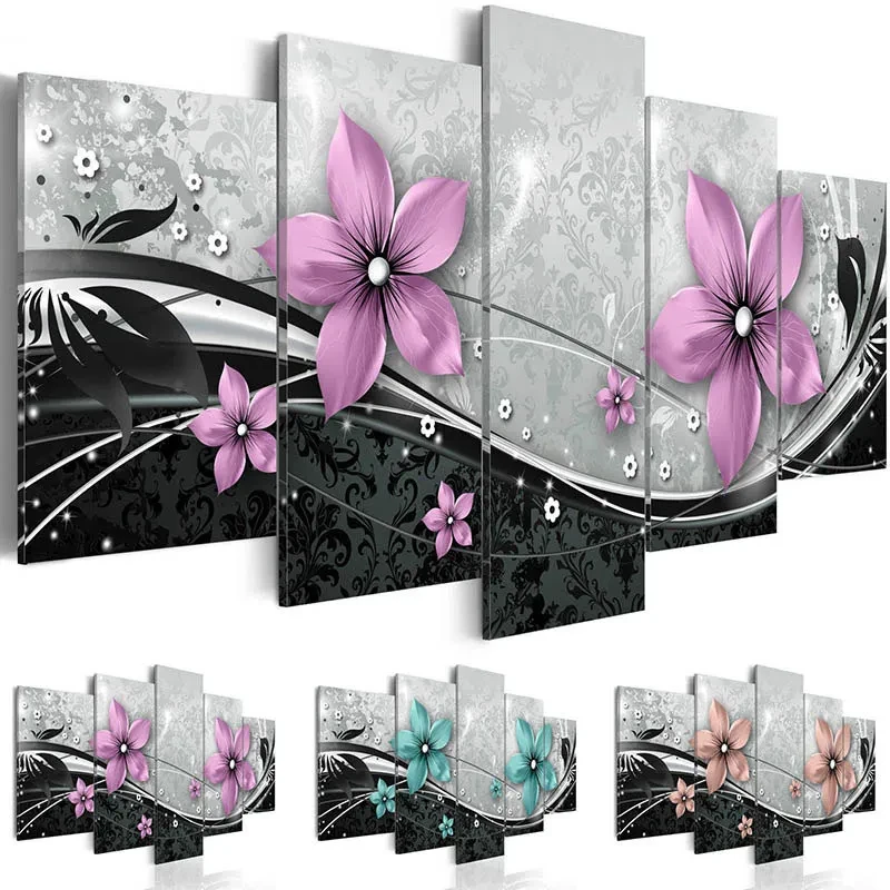 Póster de pared con diseño de flores hermosas, 5 piezas, lienzo, decoración del hogar