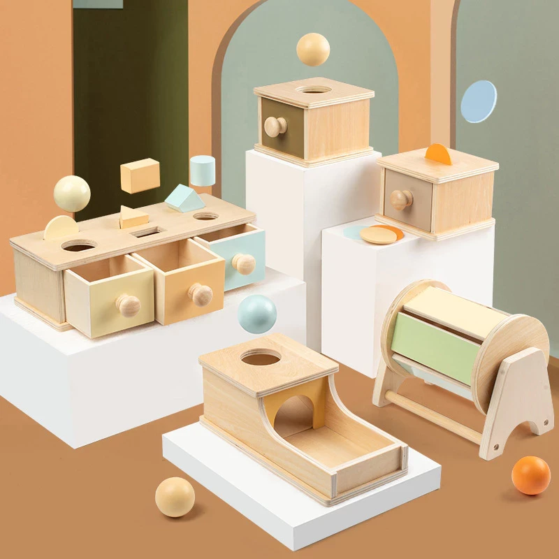 Juguetes educativos para bebés y niños - Juguetes Montessori para bebés, caja de monedas, bolas, tambor giratorio, motricidad sensorial, madera fina para niños