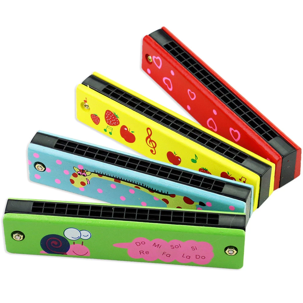 Armónica de madera de doble fila para niños, 16 agujeros, con bonito patrón de dibujos animados, ideal para principiantes, juguetes educativos musicales.