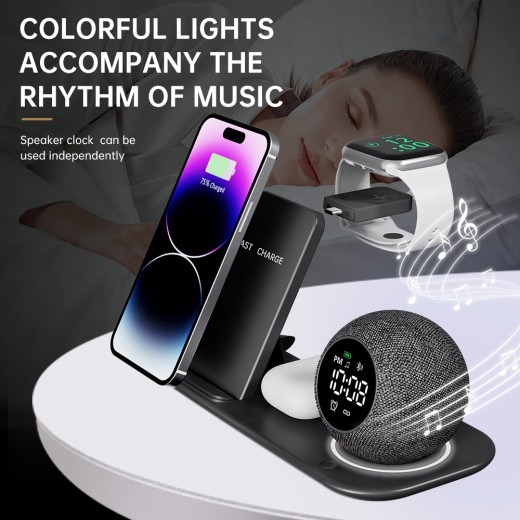 Reloj despertador con luz ambiental y ruido blanco multifuncional con altavoz Bluetooth