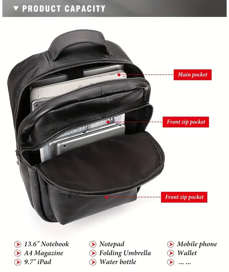 Mochila HUMERPAUL de piel auténtica de grano superior para hombre. Bolso bandolera informal de viaje con múltiples bolsillos para salir.