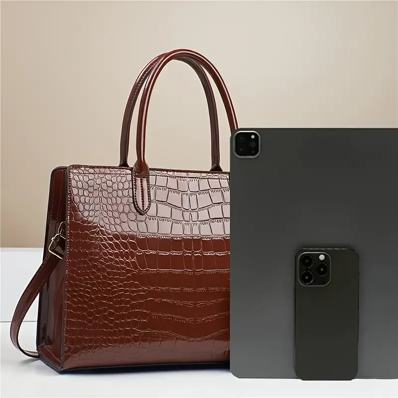 1 elegante bolso de mano de piel sintética con estampado de cocodrilo para mujer. Bolso de mano de alta gama con correa extraíble, cierre de cremallera, forro de poliéster e incluye cartera a juego.