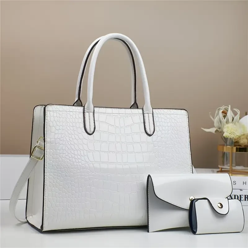 1 elegante bolso de mano de piel sintética con estampado de cocodrilo para mujer. Bolso de mano de alta gama con correa extraíble, cierre de cremallera, forro de poliéster e incluye cartera a juego.