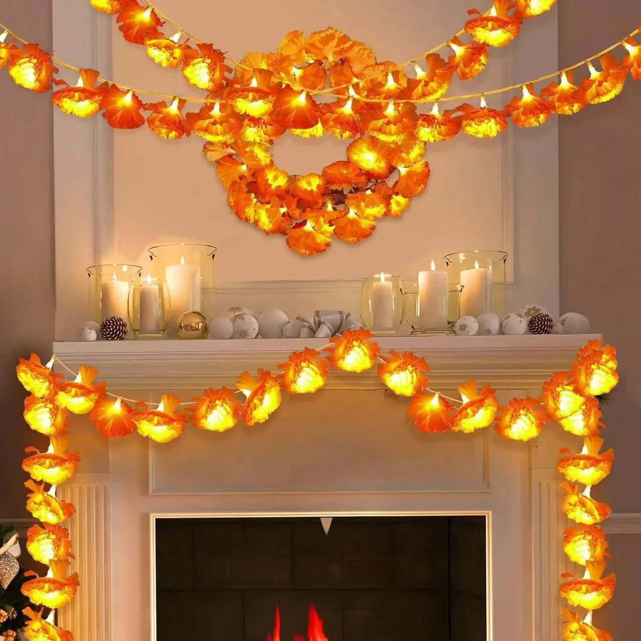 Cadena de iluminación LED de Halloween con caléndula francesa y lila