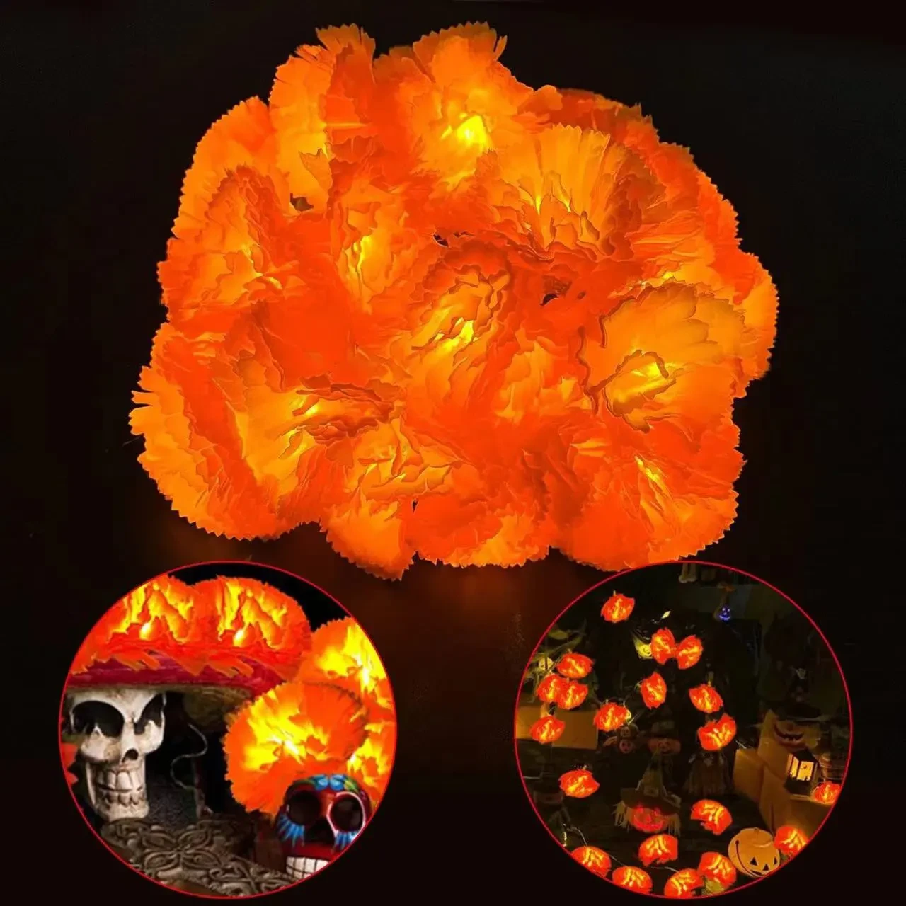 Cadena de iluminación LED de Halloween con caléndula francesa y lila