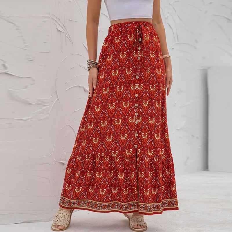 Falda de cintura alta con botones y estampado para mujer, nueva prenda