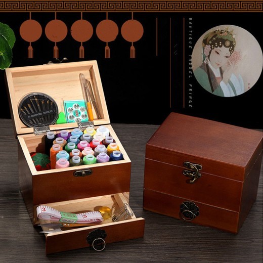 Paquete de costura, juego de costura, caja de costura doméstica, hecho a mano, de madera maciza