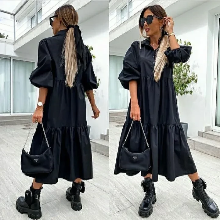 Nuevo producto, vestido camisero con solapa, talla grande, suelto, vestido largo con vuelo