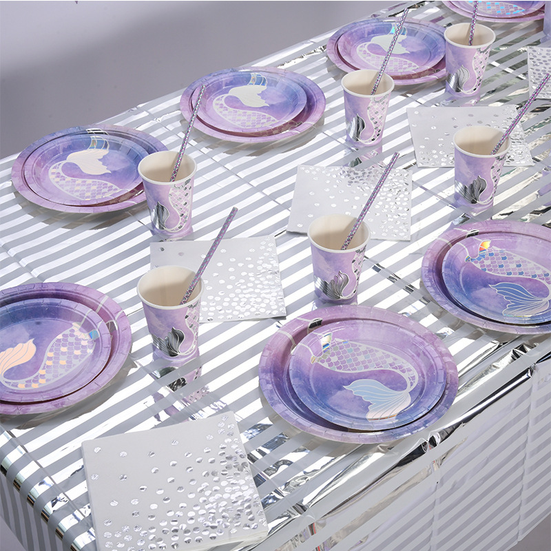Suministros de vajilla de sirena Vaso de papel con forma de cola de pez creativo Plato de papel