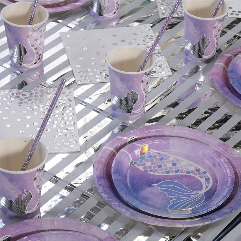 Suministros de vajilla de sirena Vaso de papel con forma de cola de pez creativo Plato de papel