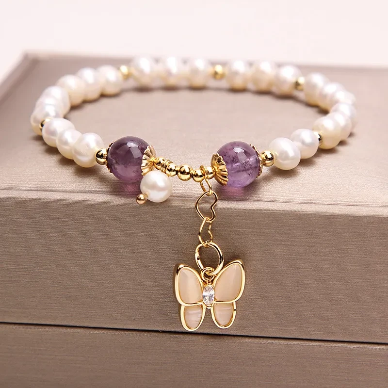 Pulsera de cuarzo fresa con perla de agua dulce Pulsera femenina de mariposa con ópalo