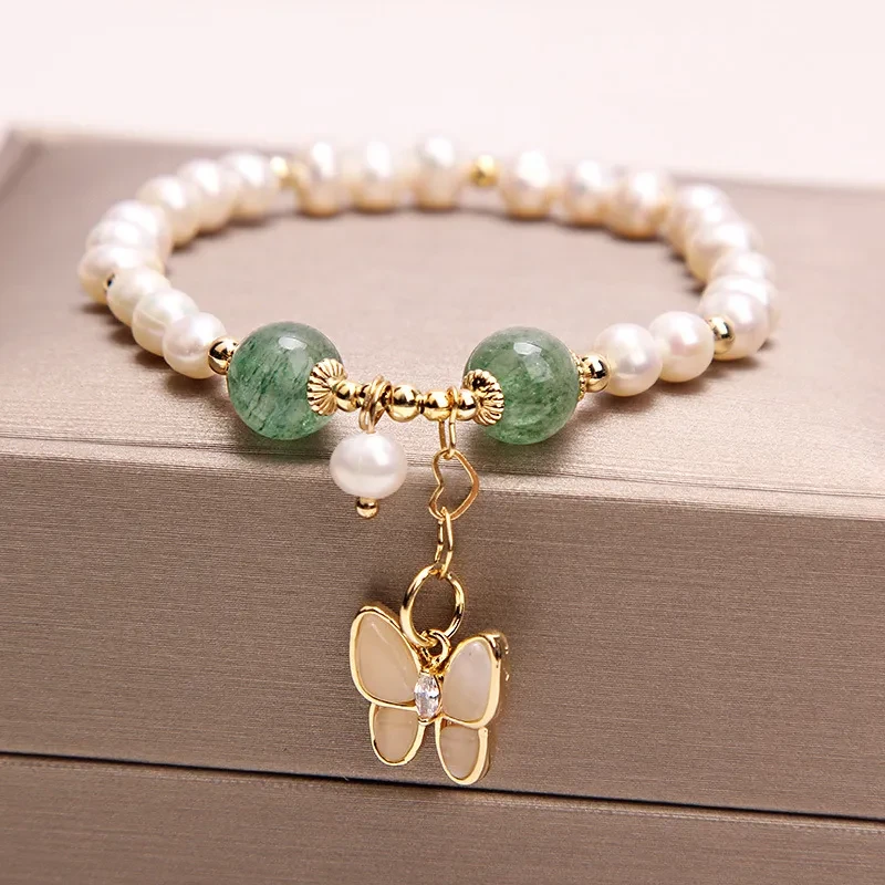 Pulsera de cuarzo fresa con perla de agua dulce Pulsera femenina de mariposa con ópalo