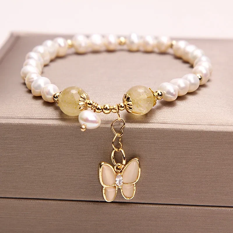 Pulsera de cuarzo fresa con perla de agua dulce Pulsera femenina de mariposa con ópalo