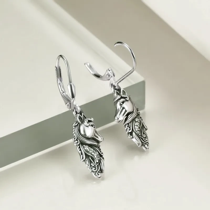 Pendientes colgantes de caballo en plata de ley con cierre de palanca, joyería, regalos