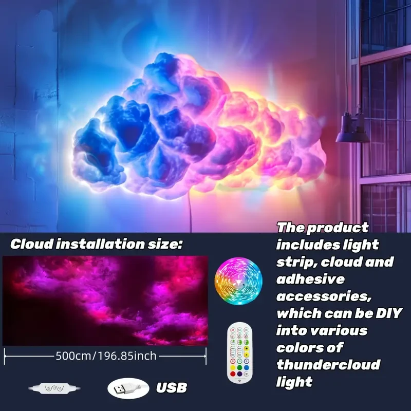 Luz de nube grande de 4,88 metros: tira de luz multicolor cambiante con sincronización musical para sala de juegos