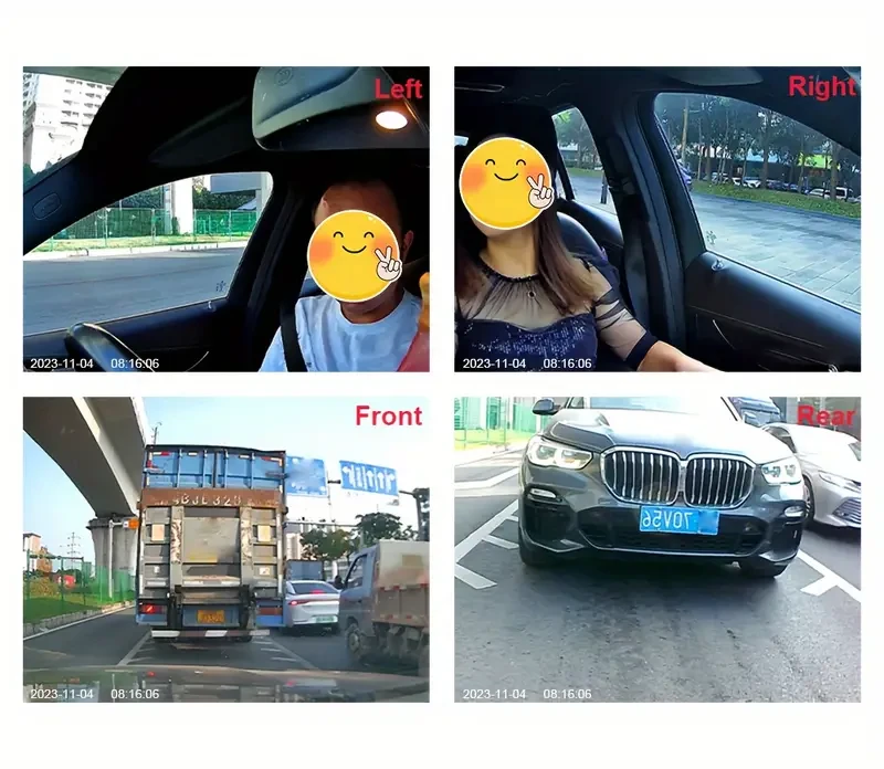 Cámara de salpicadero Ouyaaqii HD de 4 lentes con supervisión nocturna - Grabadora de vídeo Quad HD 1080p para coche, cobertura de 360°, voltaje de funcionamiento de 12-24 V, ajuste universal, pantalla de 2,0 pulgadas, incluye tarjeta de 64 GB, compatible
