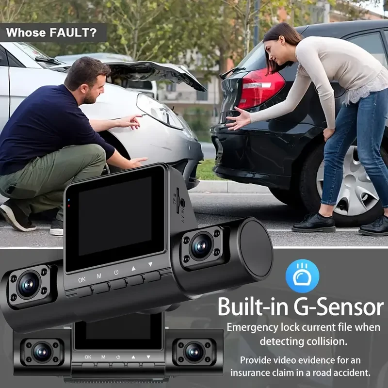 Cámara de salpicadero Ouyaaqii HD de 4 lentes con supervisión nocturna - Grabadora de vídeo Quad HD 1080p para coche, cobertura de 360°, voltaje de funcionamiento de 12-24 V, ajuste universal, pantalla de 2,0 pulgadas, incluye tarjeta de 64 GB, compatible