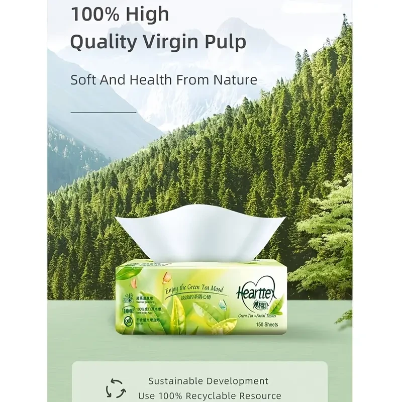 15 bolsas de pañuelos faciales suaves, de 2 capas, tamaño grande, aroma a té verde, pulpa 100 % virgen, sin OBA, resistentes y suaves, con tratamiento de alta calidad.