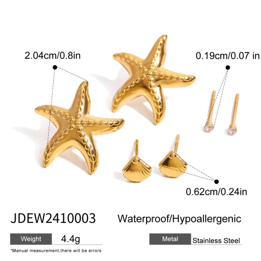 Juego de tres pares de pendientes de acero inoxidable con forma de estrella de mar y circonita de alta calidad.