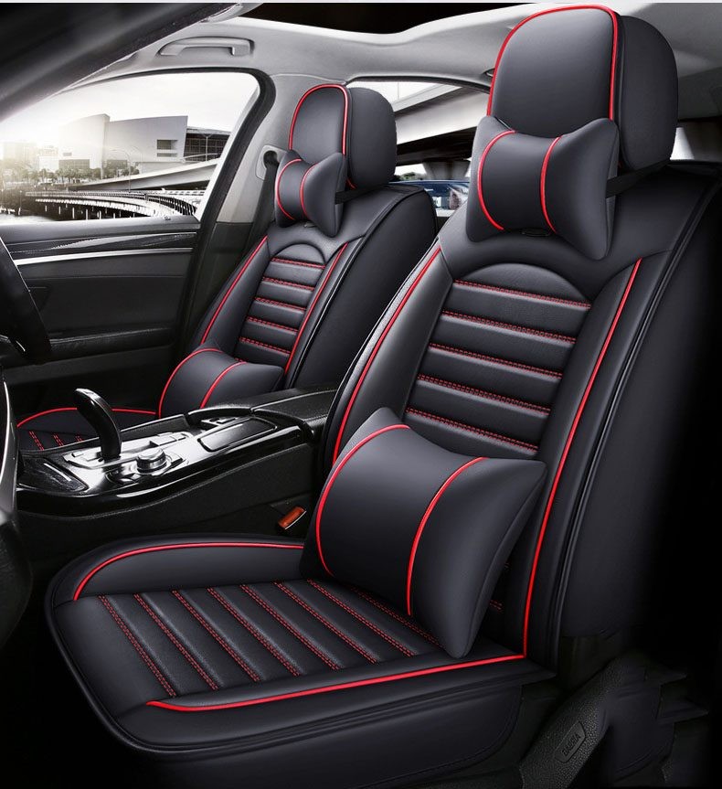 Funda de asiento de coche de piel sintética con cojín para 5 plazas, juego completo, delantera y trasera, calidad prémium