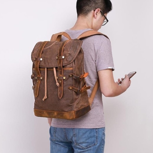 Mochila de senderismo retro de cuero Crazy Horse, estilo casual, de lona y cera al óleo