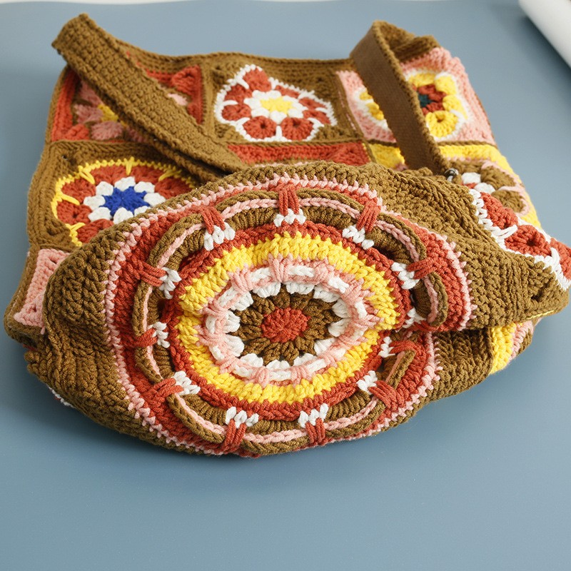 Bolso de cubo tejido a mano estilo étnico a cuadros para abuela de niña