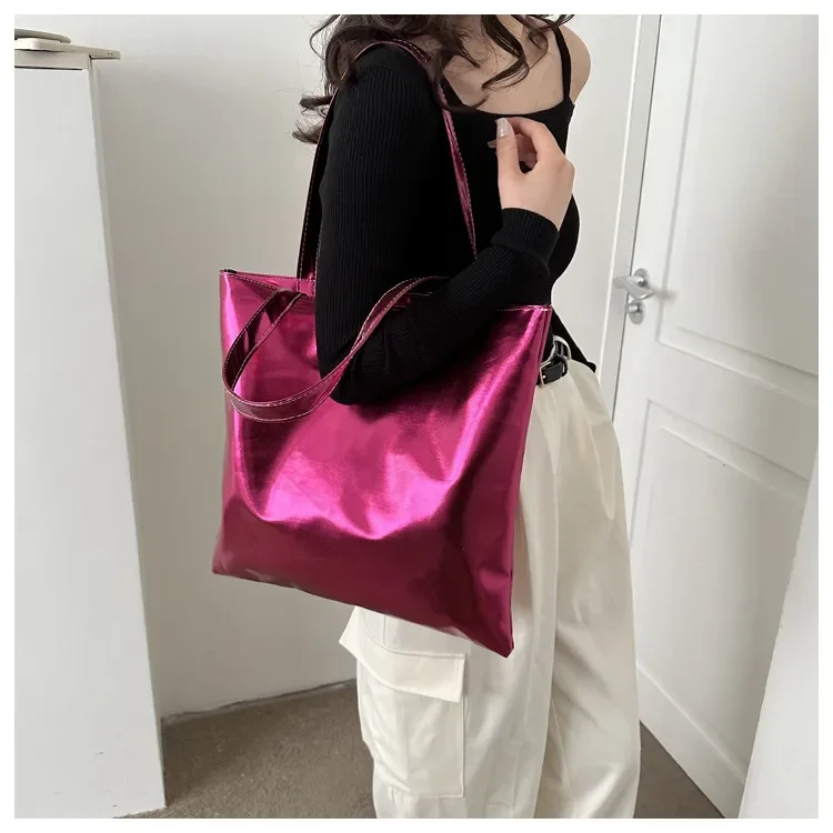 Bolso de hombro sencillo, portátil, de gran capacidad, con textura brillante, con personalidad, de poliuretano suave y pintura, para uso diario.