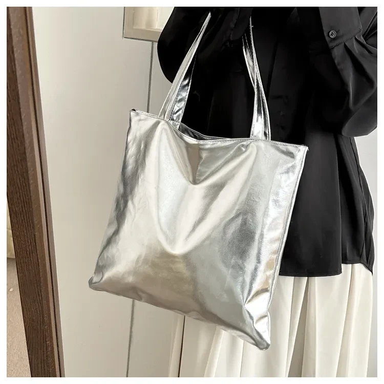 Bolso de hombro sencillo, portátil, de gran capacidad, con textura brillante, con personalidad, de poliuretano suave y pintura, para uso diario.