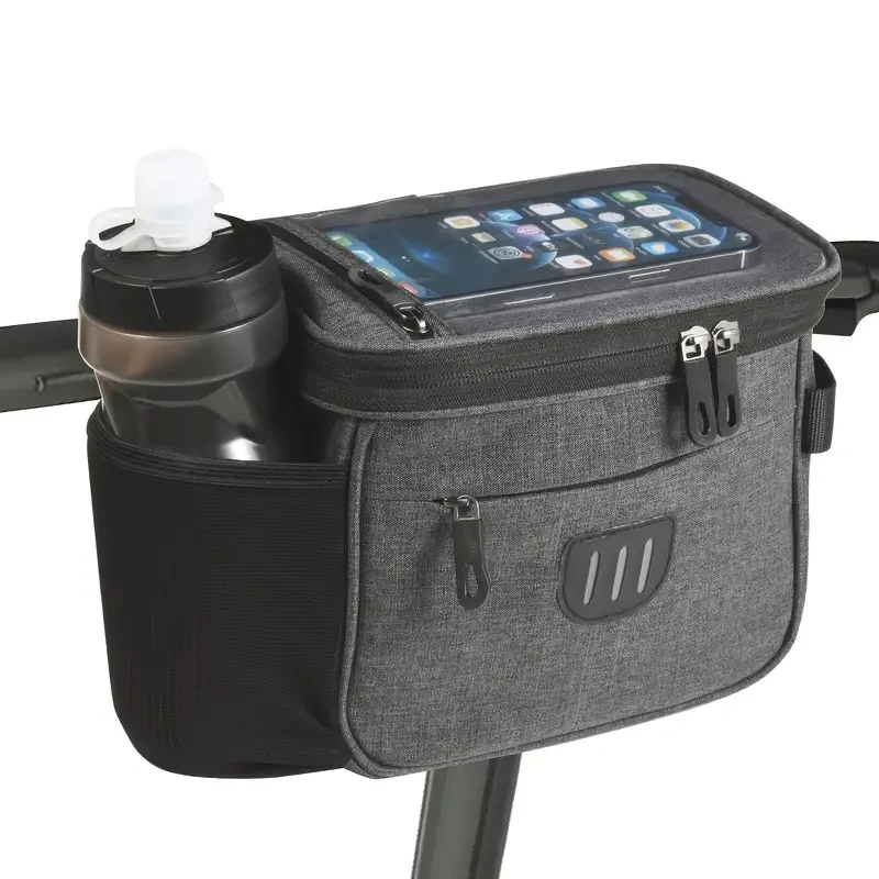 Bolsa ajustable para manillar de bicicleta con bolsillo para teléfono. Gran bolsa frontal con cremallera para guardar tus objetos esenciales de forma segura y accesible.