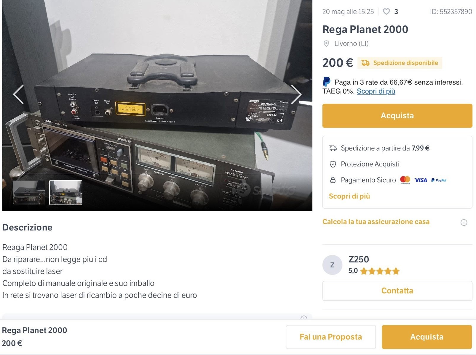 REPRODUCTOR DE CD REGA PLANET 2000 - Mecanismo láser nuevo. Agosto de 2024