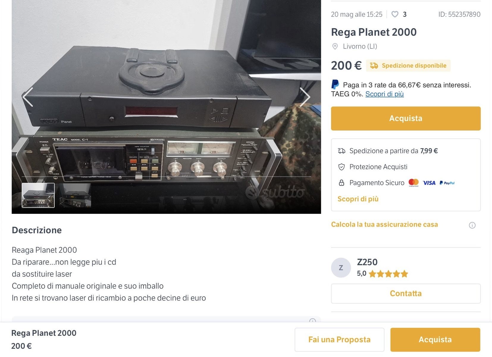 REPRODUCTOR DE CD REGA PLANET 2000 - Mecanismo láser nuevo. Agosto de 2024