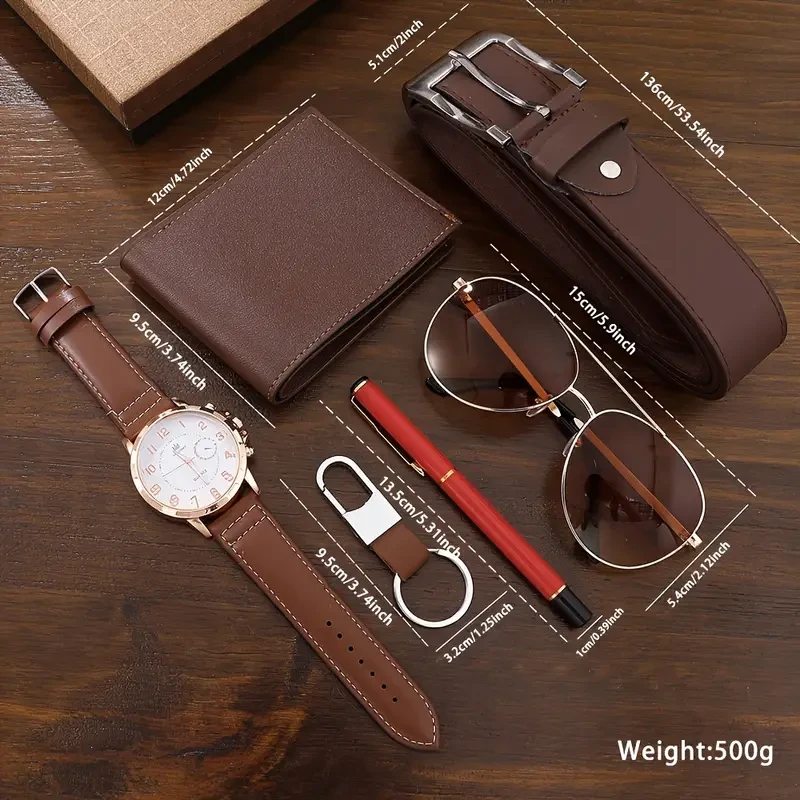 Juego de regalo de 6 relojes de lujo para hombre con billetera, cinturón, llavero y bolígrafo: elegantes accesorios de moda empresarial para él, perfectos para Navidad.
