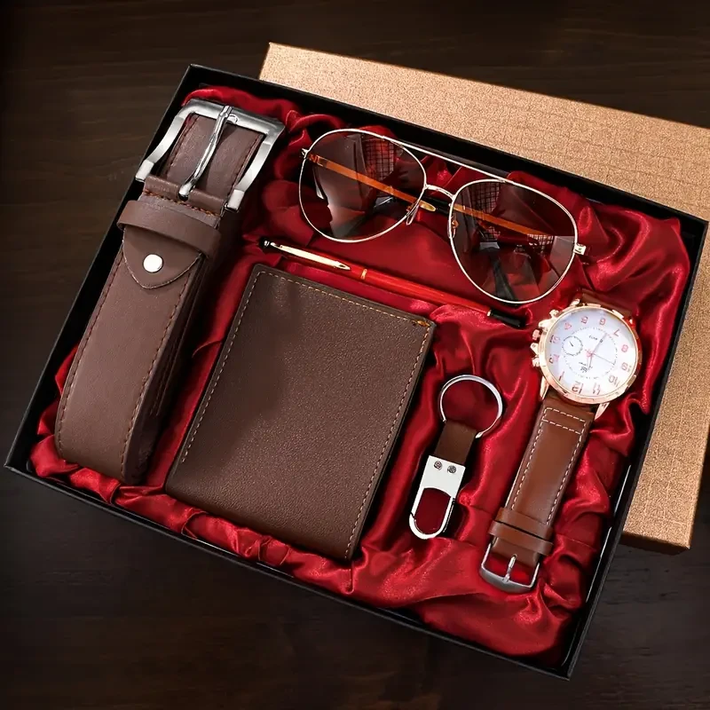 Juego de regalo de 6 relojes de lujo para hombre con billetera, cinturón, llavero y bolígrafo: elegantes accesorios de moda empresarial para él, perfectos para Navidad.